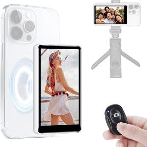 Selfie Monitor Screen iPhone, Wireless Back Camera Mirror with Bluetooth Remote, 180 Flip, 1800mAh Battery, Magnetic Stand for Vlogging, TikTok & YouTube (Live View, Low Latency, Wide Screen Mode (White))