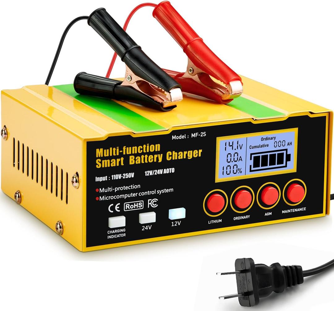12-Amp Smart Battery Charger,Lithium,Lead-Acid(AGM/Gel/SLA) Pulse Repair Car Battery Charger,Trickle Charger,Maintainer/Deep Cycle Charger,12V/10A | 24V/7.5A for Automotive,Boat,Motorcycle,Lawn Mower