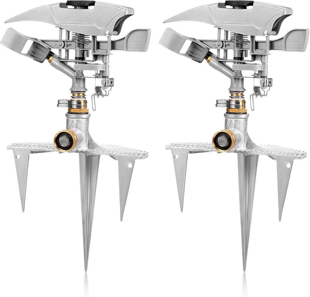 2 Pack Large Impact Sprinklers for Yard Heavy Duty Lawn Sprinkler with Metal Head on Spike Base Adjustable Pulsating Water Sprinkler for Large Area Patio Yard Lawn Garden Irrigation