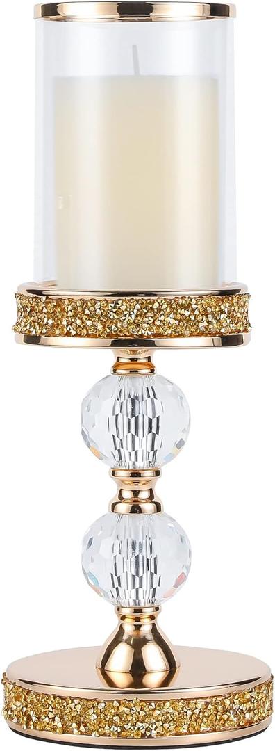 Pillar Candle Holder, 13 Inch Crystal Candlesticks for 3''X5'' Candles, Dining Coffee Table Decor, Wedding, Events, Parties - Glass and Gold Finish (2 crystal balls)