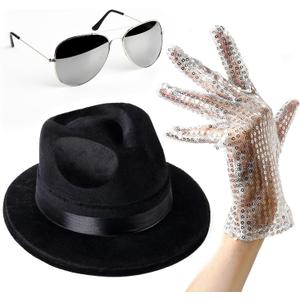 Cosmic Chameleon Pop King Jackson Costume - Unisex 3 Piece - M-J Sequin Gloves, Black Fedora Hat and Silver Aviator Sunglasses - 80s 90s Themed Halloween Cosplay Stage Party Outfit