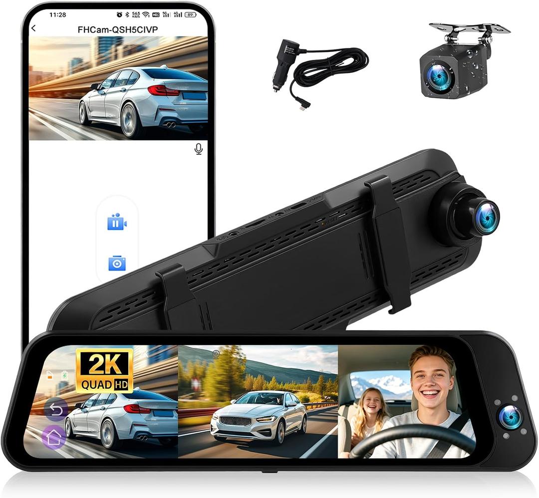 SIXTOP 3 Channel Rear View Mirror Camera with Front 2K, Inside and Rear 1080P Triple Mirror Dash Cam 9.66IPS Touch Screen Night Vision WiFi G-Sensor BSD Loop Record Reverse Assist Parking Monitoring