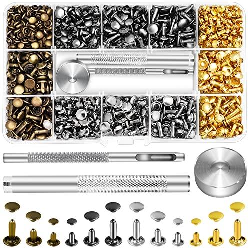 Jetmore 480 Pack Leather Rivets, Brass Rivets for Fabric, Leather Rivet Kit, Double Cap Rivet for DIY Leather Craft, Hats, Purse, Shoes, Bag, Remaches para Cuero