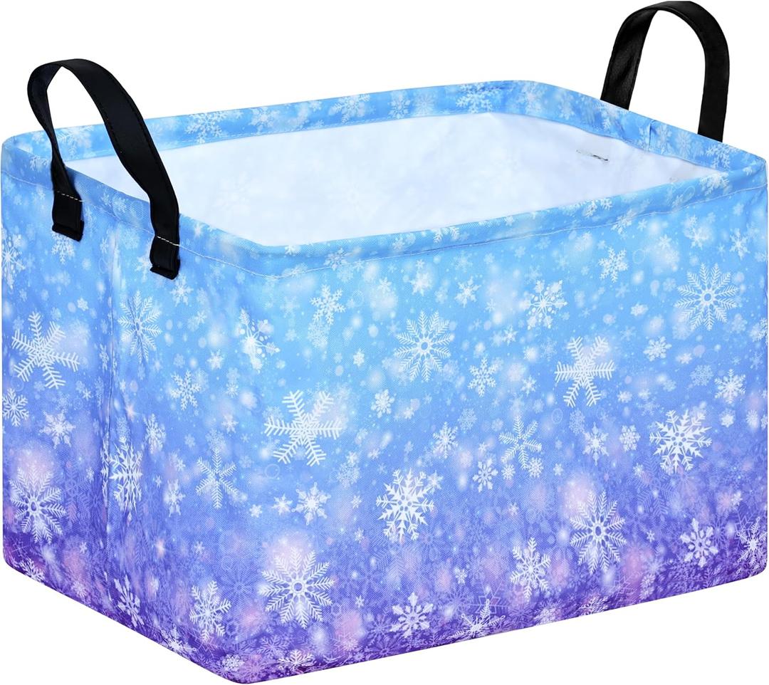 KUNRO Christmas Gift Storage Basket Rectangle Storage Organizer for Nursery Hamper Home Bedroom Laundry Hamper Shelf Baskets. (Blue Snow)