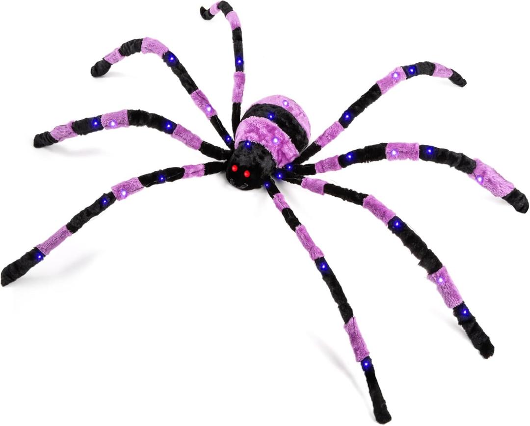 Halloween Decorations 5ft Giant Light Up Spider, 60inch Scary Spider with 56 LED Light, Timer, Creepy Spooky Decor, Glowing Eyes, Haunted Horror Prop for Spiderweb, Indoor, Outdoor, Yard (Purple)