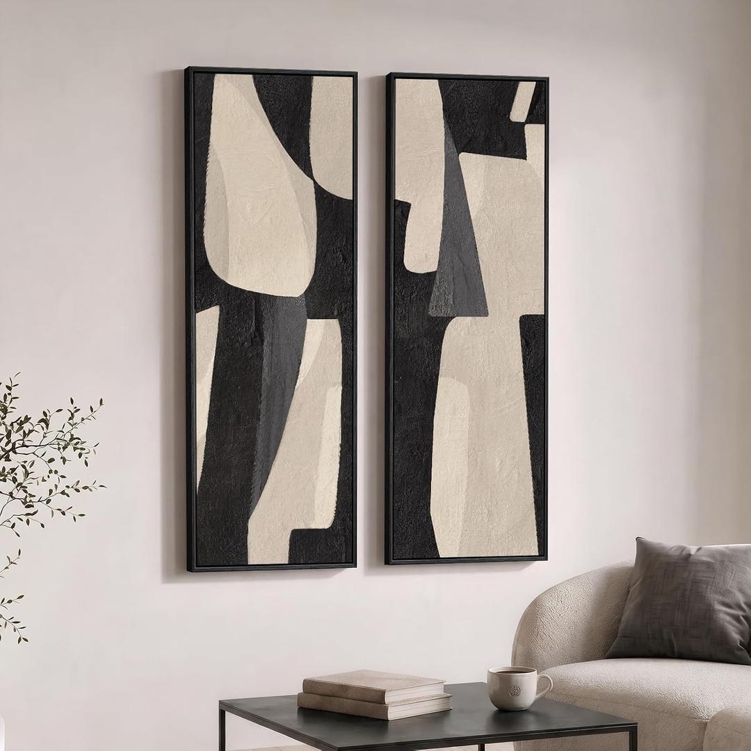Large Framed Neutral Abstract Vertical Wall Art, Set of 2 Modern Canvas Prints Paintings for Walls, Tall Beige Cream Long Narrow Minimalist Pictures for Living Room Bedroom Hallway Entryway Wall Decor