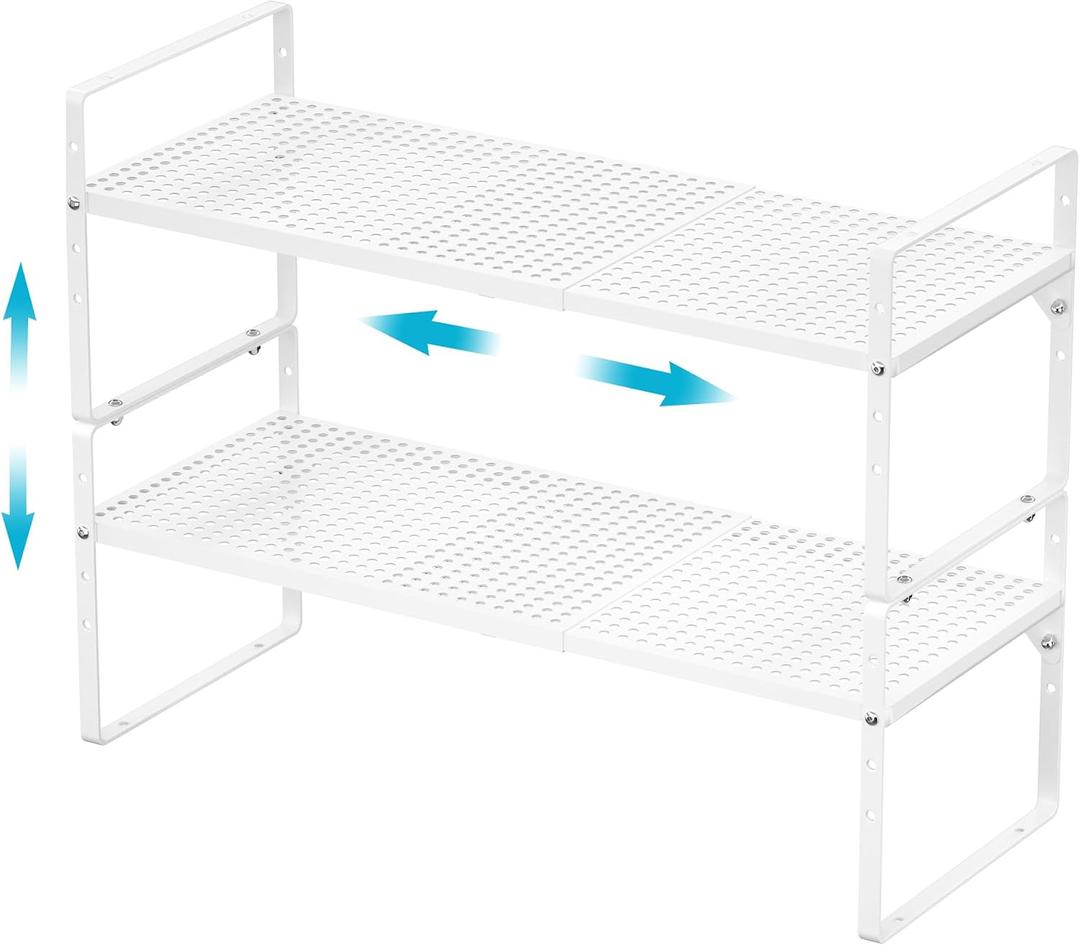 2 Pack Large Expandable Cabinet Storage Shelf, Heavy Duty Stackable Steel Metal Spice Rack Adjustable Height Home Office Pantry Garage Shelves for Counter Kitchen Organization, White, 10.2" Width - 2 Pack
