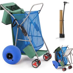 DoubleFill Foldable Beach Cart with 12 Inch Balloon Wheels for Sand, 100 lb Capacity Beach Wagon with Aluminum Frame, Removable Tote, Folding Sand Cart for Gear, Fishing, Camping(Blue Green,Classic)