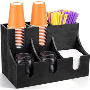 Leinuosen Pine Wood Cup and Condiment Organizer, Large Breakroom Restaurant Coffee Drink Station Organizer, 6 Compartments for Disposable Cups, Lids, Tea, Sugar, Stirrers, Napkins, 13.6 x 8.8 x 9 in