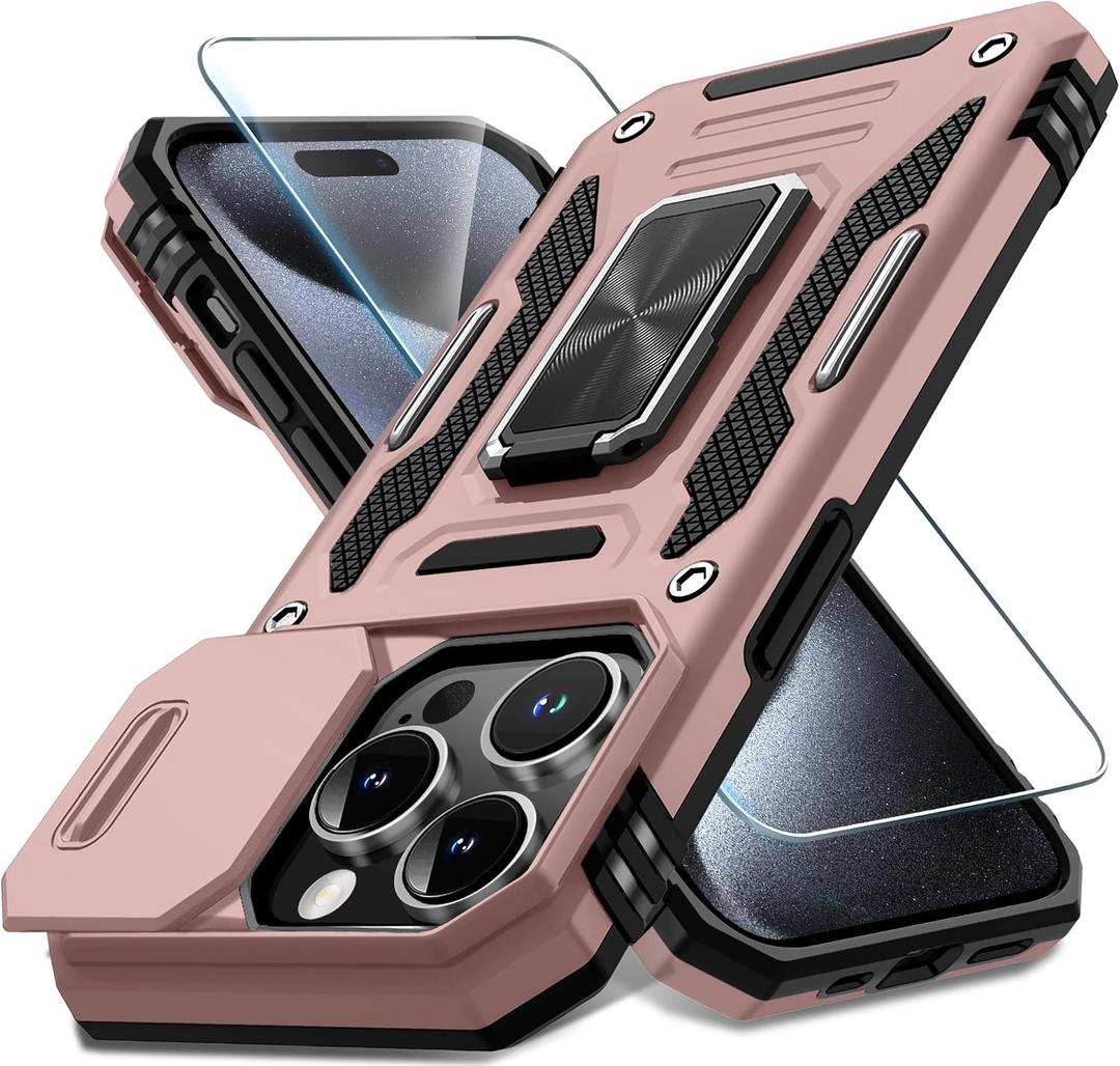DEERLAMN Case for iPhone 15 Pro with Slide Camera Cover+Screen Protector(1 Pack), Rotated Ring Kickstand Military Grade Shockproof Protective Cover 6.1 Inch-Rose Gold