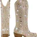 Richealnana Sparkly Gem Rhinestones Calf Mid High Boots for Women Cowboy Cowgirl Boots for Women 2INCH Heeled Pull Tabs Boots Gem (Gold, Size 8)