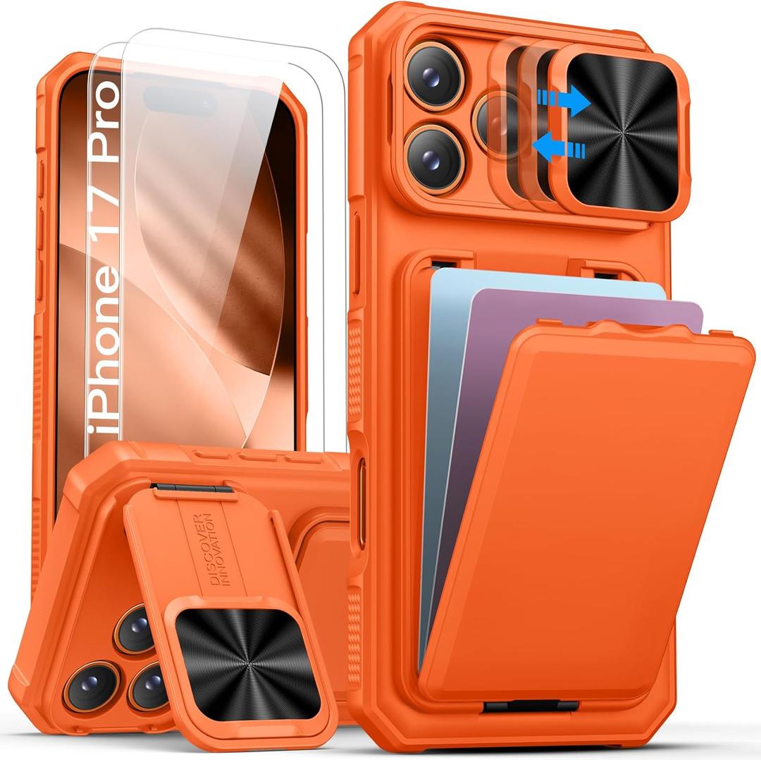 SSLOTSCASE for iPhone 17 Pro Wallet Case with 2X Screen Protector, Card Holder & Kickstand & Slide Lens Cover & Camera Stand, Hard Shockproof Men Women Phone Case Cover for iPhone 17 Pro 2025, Orange