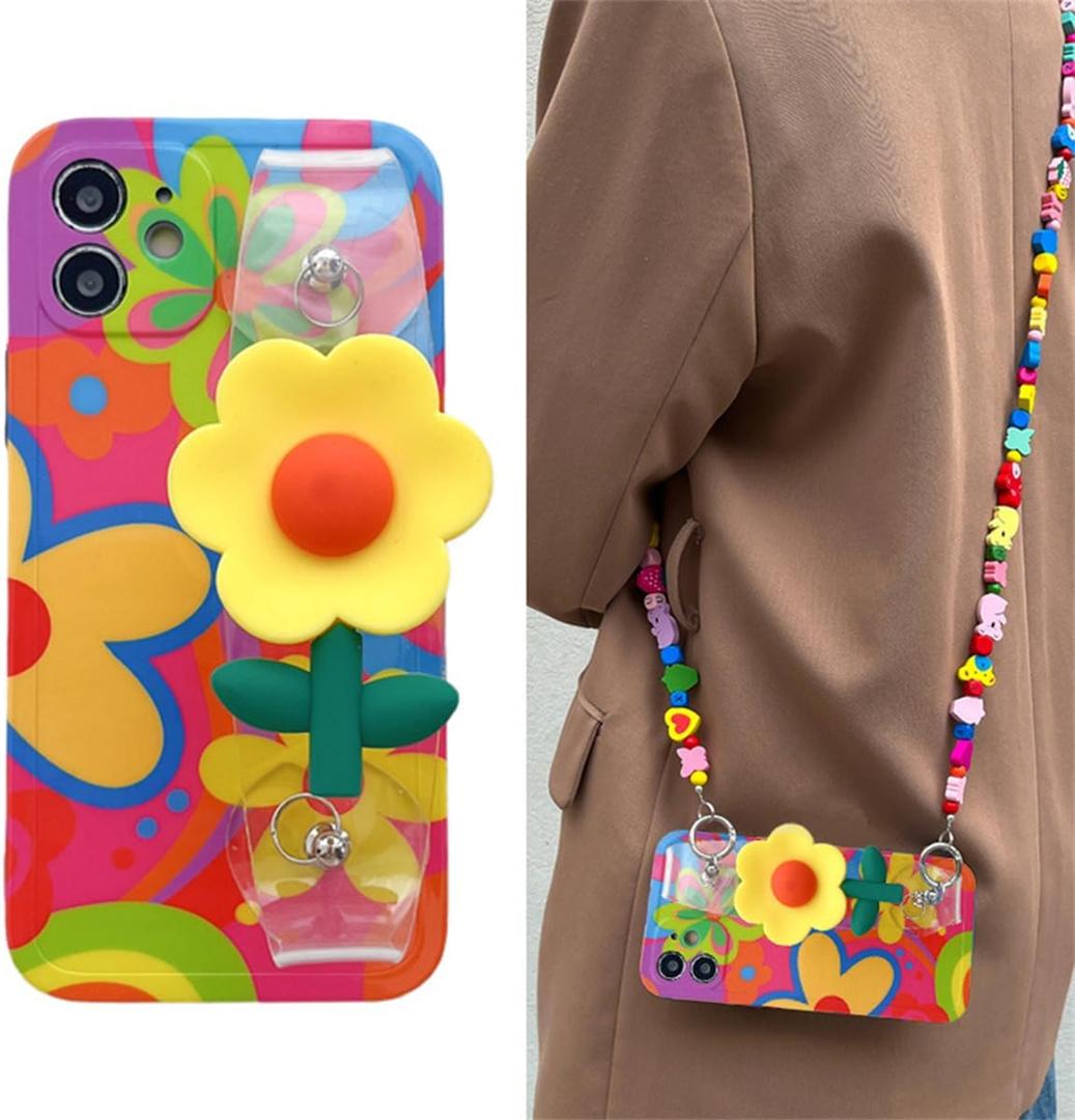 Flower with Lanyard Neck Strap Silicone Phone Case for iPhone 17, 16, 15, 14, 13, 12 Series, Crossbody Case with Lanyard and Wristband Kickstand (Sunflower,for iPhone 17 Pro)