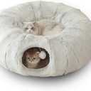 Cat Bed, cat Tunnel, Foldable Machine Washable Plush cat Bed, Grey (33.46 inches), with Hanging Toys, Suitable for Multiple