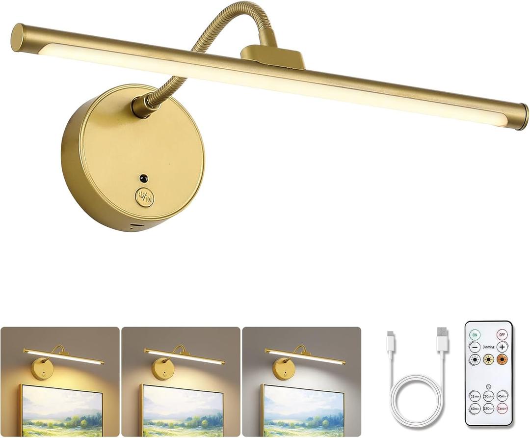 Picture Lights for Wall Wireless Rechargeable LED Light with Remote, Adjustable Arm, Gold Battery Operated Display Lighting for Paintings, Bedroom, Gallery Wall Décor (Gold, 12.6 inch - 1Pack)