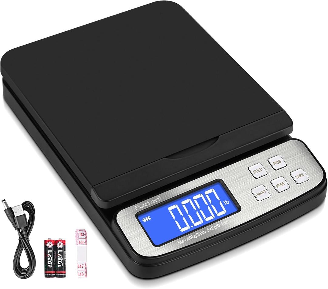 Fuzion Shipping Scale - Digital Postal Scale 88lb x 0.1oz, 5 Units, Hold/Tare/PCS Counting, Easy Calibration, Large LCD, All-in-1 Scale for Packages (More Black)