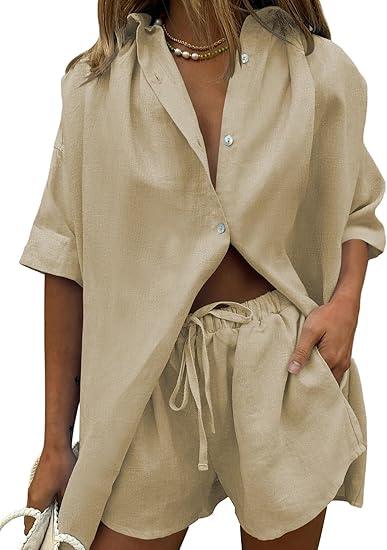 Fixmatti Women 2 Piece Outfit Summer Short Sleeve Top and Shorts Sweatsuit Set (Medium, Z-khaki 2)