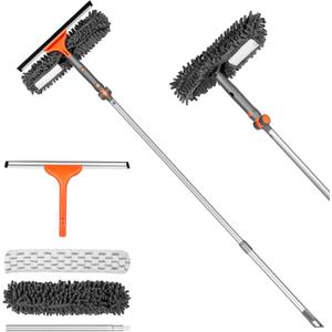 Chabatree Window Squeegee Cleaner Set 2-in-1 Window Cleaning Tool with Extendable Pole, Window Cleaning kit with Bendable Head for Indoor & Outdoor Glass for Car Indoor Outdoor High Windows（Kit1.0）