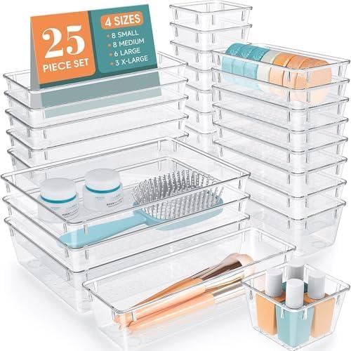 WOWBOX Set of 25 ,Clear Plastic Drawer Organizer Set, 4 Sizes Desk Drawer Divider Organizers and Storage Bins for Makeup, Jewelry, Gadgets for Kitchen, Bedroom, Bathroom, Office