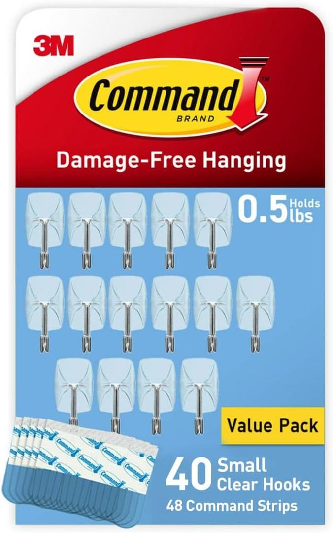 Command Small Clear Wire Toggle Hooks, 40 Wall Hook and 48 Strips, Damage-Free Hanging with Adhesive, Great for Hanging, Organization and Storage, Holds up to 0.5 lb
