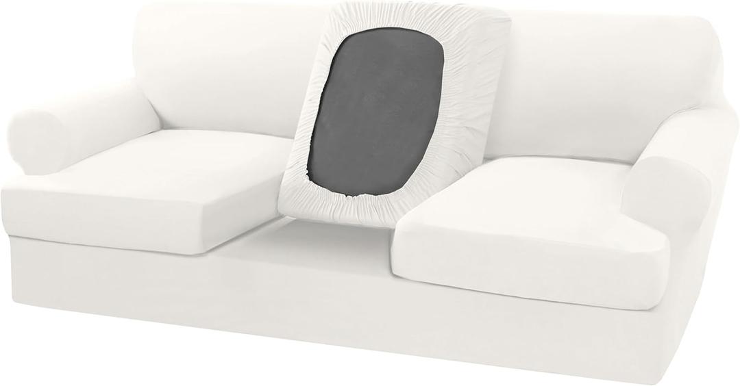 H.VERSAILTEX Sofa Cover 4 Piece T Cushion Sofa Slipcovers Couch Cover for 3 Cushion Couch Non Slip Super Stretch Soft Washable Furniture Protector with 3 Individual T Cushion Covers, Ivory