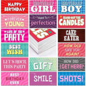 24 Designs Birthday Photo Booth Props Double Sided 11x5.5 Inch Photo Booth Props Happy Birthday Parties Decorations Set DIY Water Proof Selfie Signs PVC Printing for Holiday Party Supplies (Colorful)