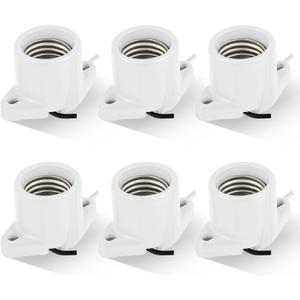 6 Pcs E26 Light Socket Porcelain Lamp Holder Socket Medium Keyless Threaded Base with Two Hole Flange Mounting and 6" Wire Indoor Garage Closet Lighting
