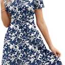 Women's Elegant Vintage Summer Casual Dresses Knee Length Floral Print Work A-Line Dress with Pockets 262 L
