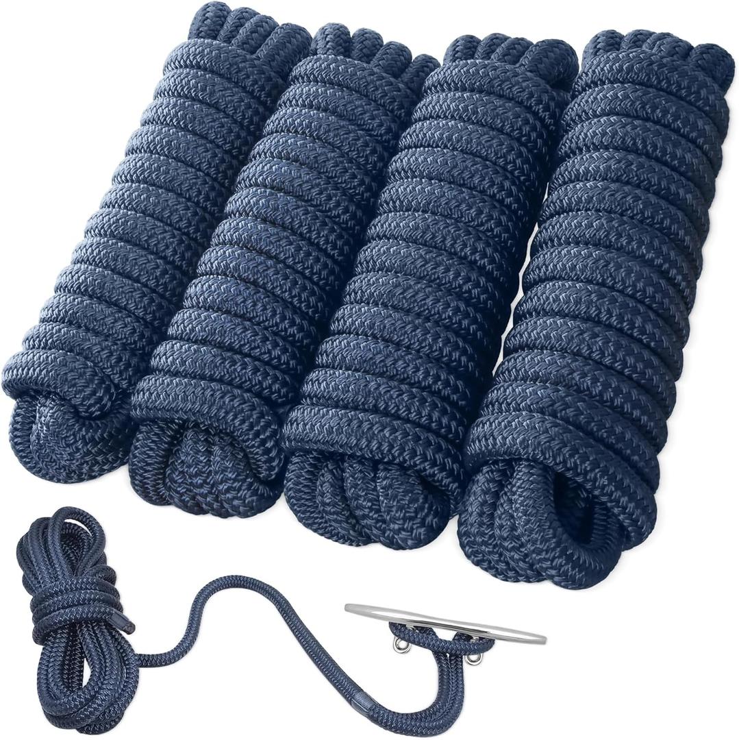 AOLEBA Boat Dock Lines 5/8'' x 15' Double Braided Nylon Boat Rope, Marine Grade Boat Lines for Docking with Loop, Breaking Strength of 9420 lbs, Mooring Lines Set - 4 Pack (Navy Blue)