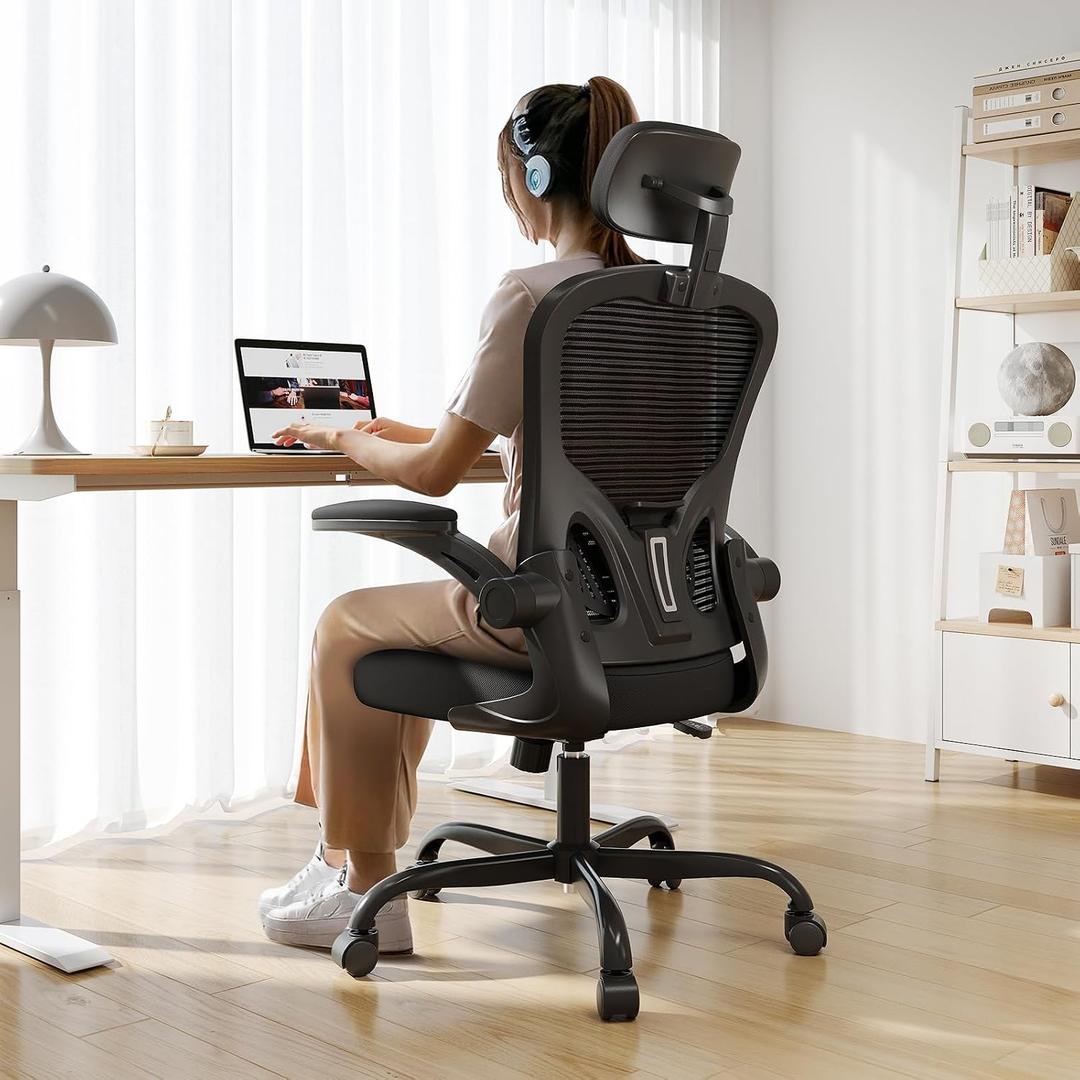 Office Chair Ergonomic Desk Chair, 330LBS Capacity, High Back Computer Chair for Long Hours Comfortable, Rolling Swivel Executive Task Chair for Home Office with Flip-up Armrests, Black, One Size