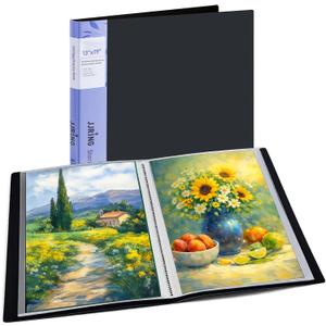 JJRING 13x19 Art Portfolio Folder with Plastic Sleeves, 24-Pocket Portfolio Binder Displaying 48 Pages, Presentation Book with Black Inner Paper for Artwork Storage, Black
