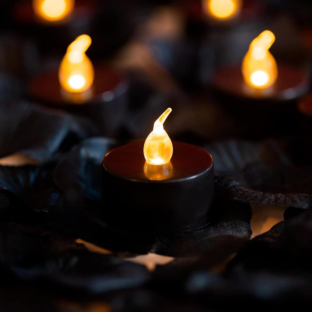 LANKER 500PCS Black Artificial Rose Petals with 24PCS Black Battery Operated Flickering Flameless Tea Lights Candles (Black Tea Lights with Black Rose Petals)