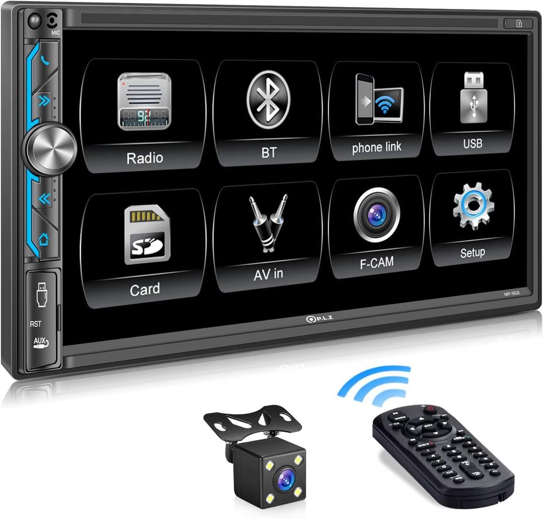 PLZ MP-902 Double Din Car Stereo, 7 Inch Full HD Capacitive Touchscreen Car Radio Receiver with Mirror Link, Bluetooth 5.1, Backup Camera, Steering Wheel Control, Subw, FM/AM Car Radio, USB/TF/AUX 