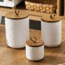 3 Pcs White Ceramic Canister Set with Wooden Lid, Airtight Food Storage Jars for Kitchen - Flour, Sugar, Coffee, Tea, Spice - Small, Medium, Large Sizes