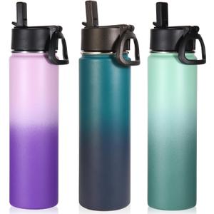 Volhoply 24oz Insulated Water Bottle With Straw Bulk 3 Pack,Metal Wide Mouth Water Bottles With Handle Keep Cold,Reusable Double Wall Cups,Powder Coated Sport Bottle For Holder(Assorted,3 Count)