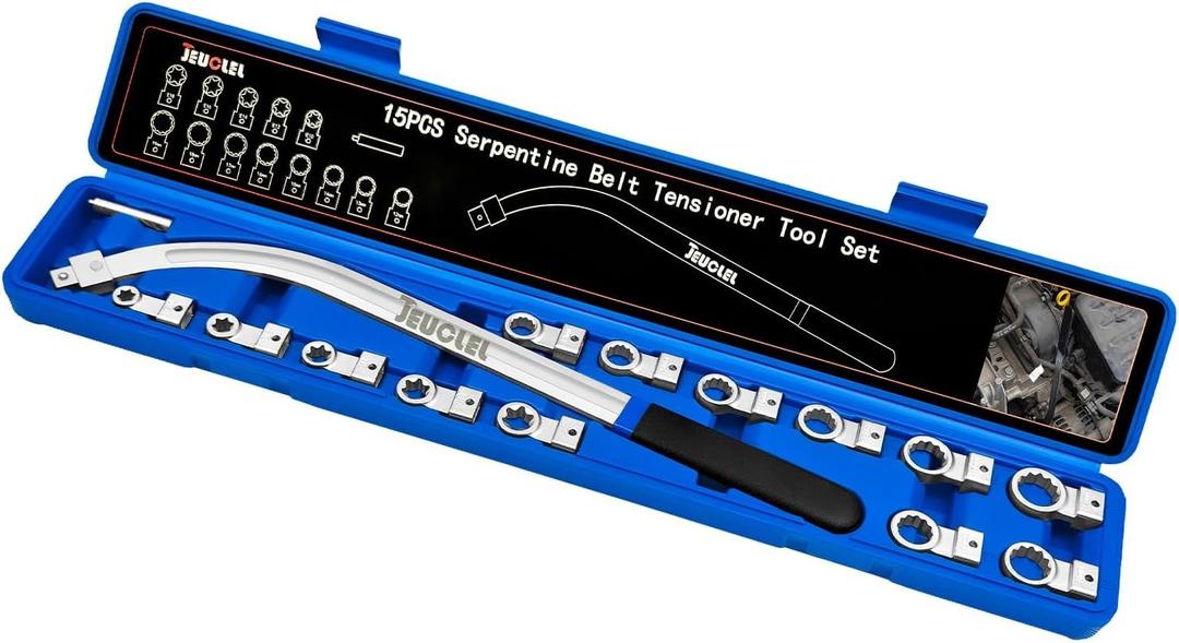 15PCS Universal Auxiliary Idler Belt Tensioner Pulley Removal Tool Kit, 12-Point 12-19mm (0.47"-0.74") Serpentine Belt Tension Pulley Wrench Set, Engine Timing Belt Tensioning Nut Bolt Screw Remover