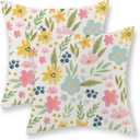Spring Pillow Covers 24x24 Set of 2 Watercolor Yellow Pink Blue Floral Throw Pillows Summer Spring Flowers Leaf Print Decor Pillowcase Farmhouse Outdoor Decorations Cushion Case for Couch Home