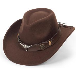 Felt Fedora Western Cowboy Hat for Women Men Rolled Wide Brim Retro Rodeo Cowgirl Hat with Buckle Belt (Medium-Large, Brown-bull Buckle Belt Decor)