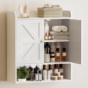 Bathroom Wall Cabinet, Wall Cabinet Storage for Bathroom Livingroom and Kitchen, Bathroom Shelves Wall Mounted, Medicine Cabinet with Adjustable Shelves and Double Barn Doors, White