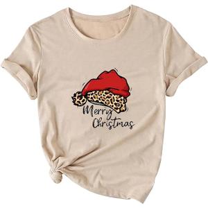 Merry Christmas Shirts for Women Novelty Holiday Basic Winter Christmas Santa Hat Printed Tee Tops(Khaki XL)