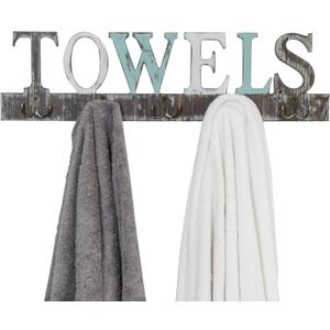 MyGift Wall Mounted Rustic Multicolored Solid Wood Towel Rack with 5 Dual Hooks and Decorative Towel Cutout Design, Wall Hanging Bathroom, Kitchen Laundry Room Hand Towel Hooks