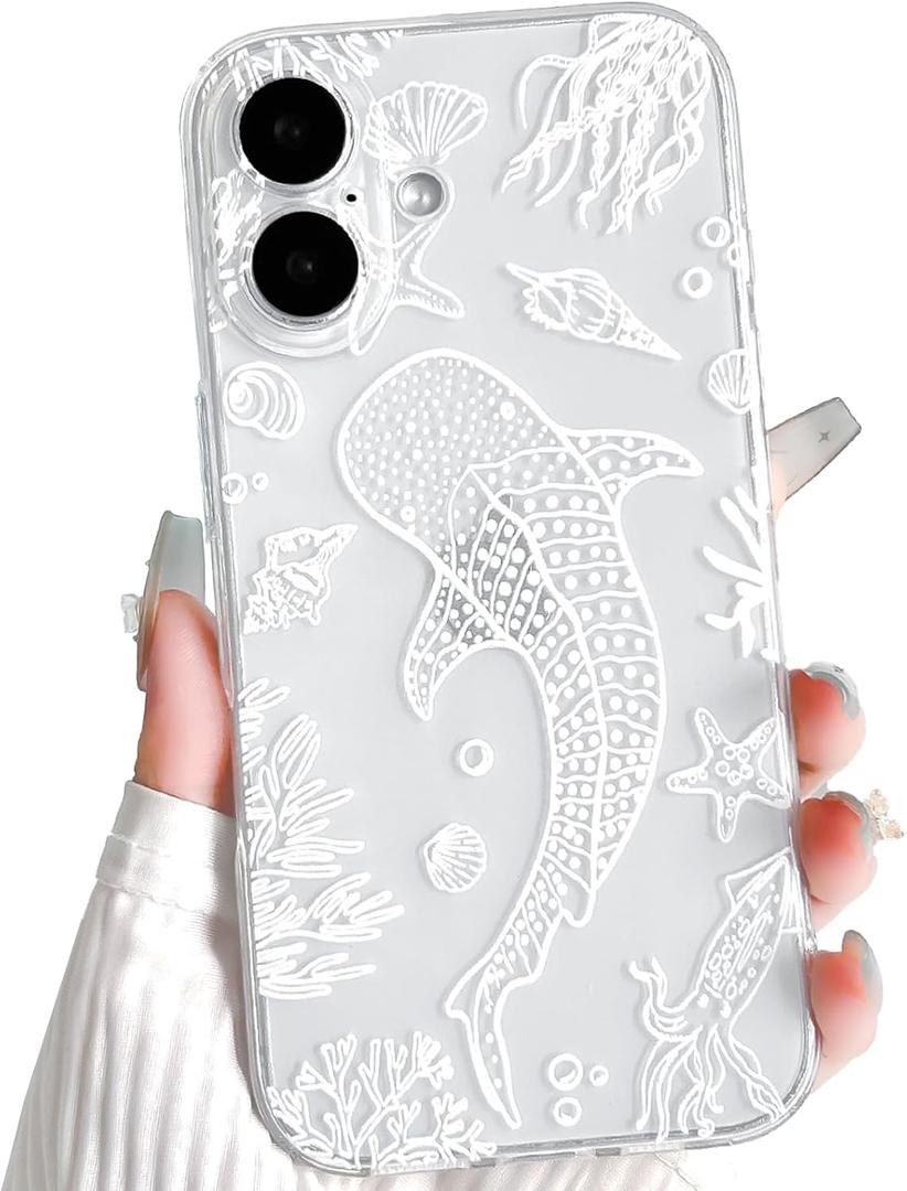 NITITOP Compatible with iPhone 17 Case Clear Cute Shell Whale Sea Ocean Animal Pattern for Women Girls Full Camera Lens Slim Shockproof Protective Phone Cover - White Fish