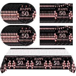 41Pcs 50th Birthday Decorations for Women, Vintage 50 Birthday Black and Rose Gold Disposable Paper Plates and Napkins Party Supplies for 20 Guests, 41Pcs Include 7" Plates Napkins and Tablecloth