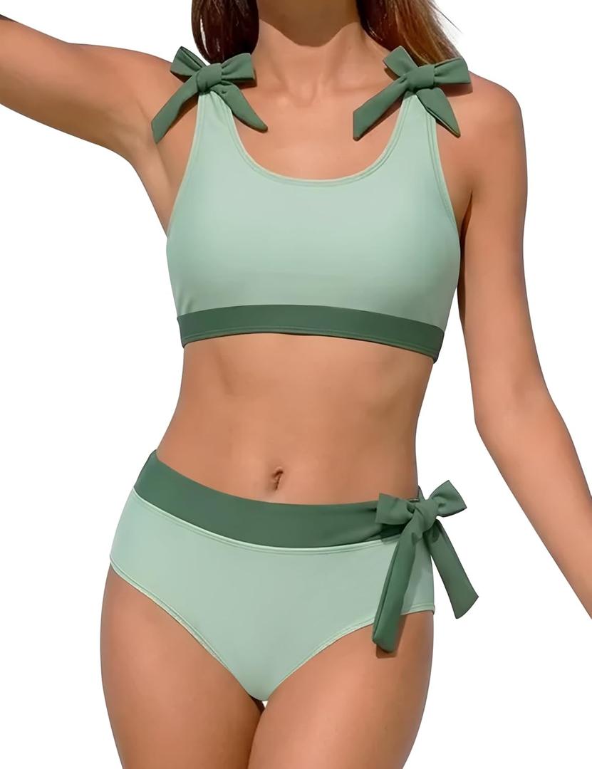 Girls Swimsuit Bikini Set Color Block 2 Piece Teen Bathing Suits Adjustable Straps Girls' Swimwear Size 12-14Y Green