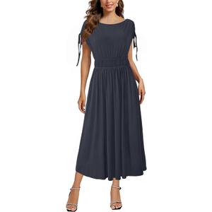 Newshows Womens 2025 Summer Drawstring Cap Sleeve Boat Neck Smocked Casual Vacation Outfits Vestidos Midi Dress (Blue, M)