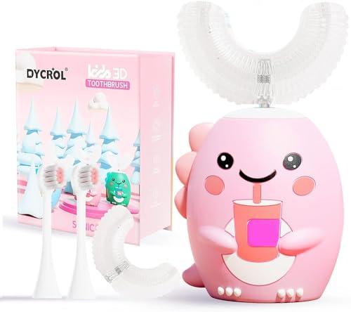 DYCROL Kids U Shaped Electric Toothbrush with 4 Brush Heads, Sonic Toothbrush Kids with 5 Modes, Cartoon Dinosaur 360-Degree Cleaning IPX7 Waterproof Design (6-12 Age (Pink))