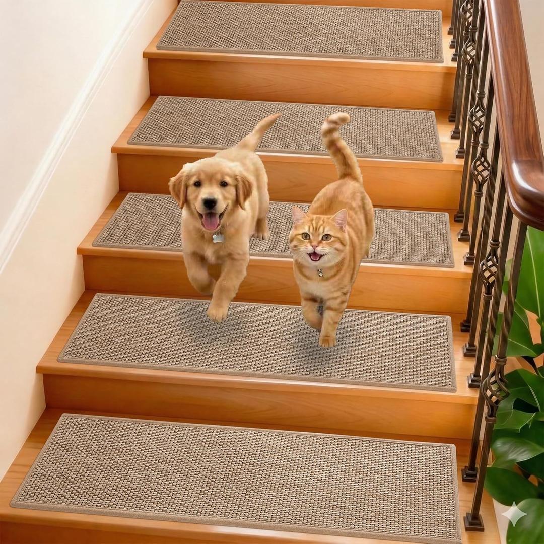 GROWLING Linen Stair Treads for Wooden Steps Indoor 36x9 inch, 15pcs Upgraded Self Adhesive Backing Non Slip Stair Carpets, Peel and Stick Stair Runner Rugs, Reusable Staircase Step Treads(Beige)