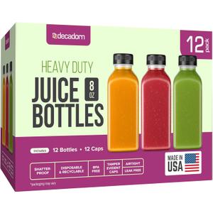 DECADORN 8oz 12pcs Plastic Bottles With Caps - Juicing Bottles For Juicing - MADE IN USA Clear Mini Bottle With Lids - Drink Container - Shatterproof, BPA-Free, Leak proof, Disposable & Recyclable