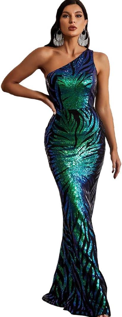 Giffniseti Women's One Shoulder Holographic Sequin Dresses Evening Gown Formal Prom Maxi Dress (Green) L