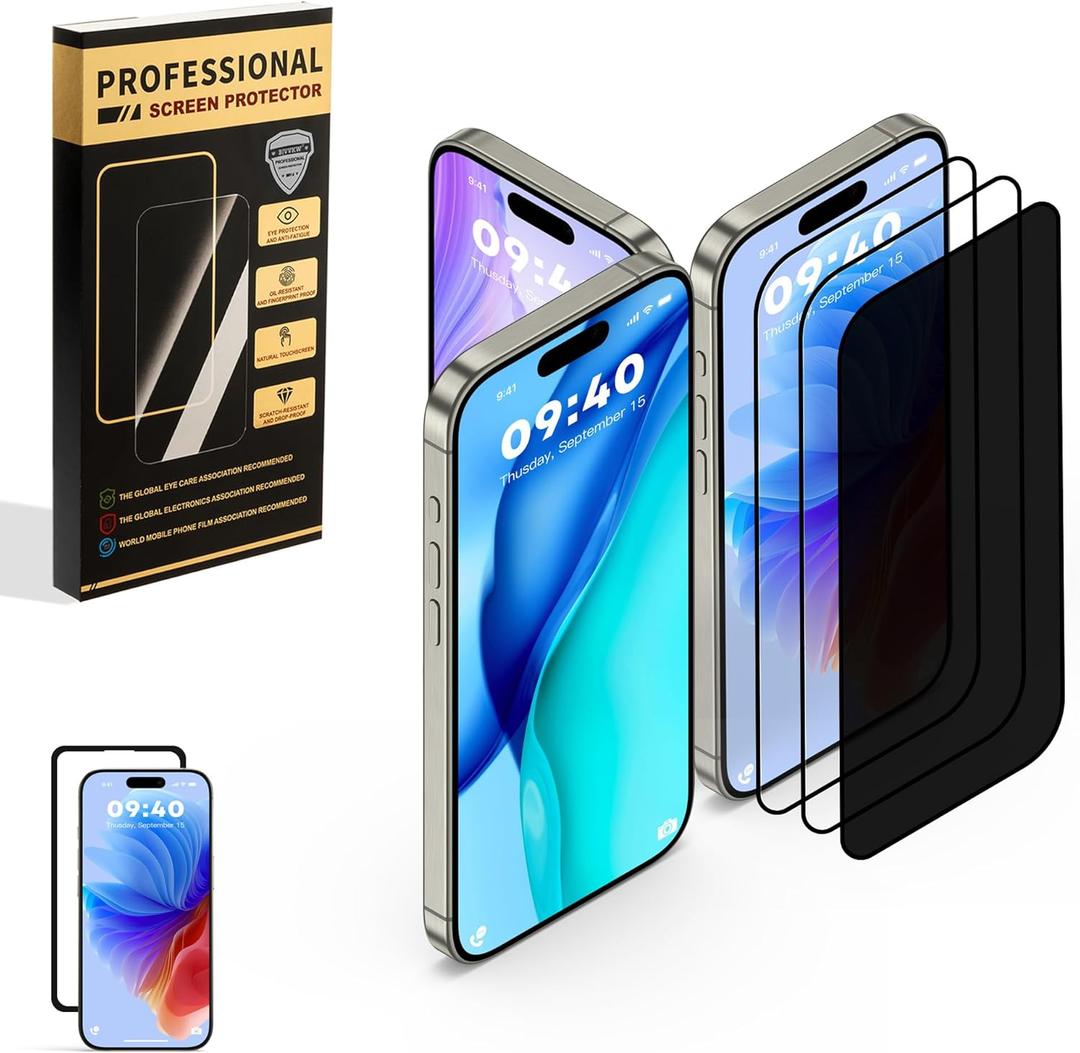 3 Pack for iPhone 14 Pro Max iPhone15 iPhone 16 Pro Max Screen Protector,Tempered Glass,2 HD 1 Privacy with Installation Frame Anti-spy HD 12FT Military Grade Shatterproof Bubble Free